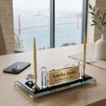Premium Çift Gold Kalemli Tepsi Tabanlı Kristal İsimlik Seti - Sensesevens
