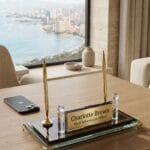 Premium Çift Gold Kalemli Tepsi Tabanlı Siyah Kristal İsimlik - Sensesevens