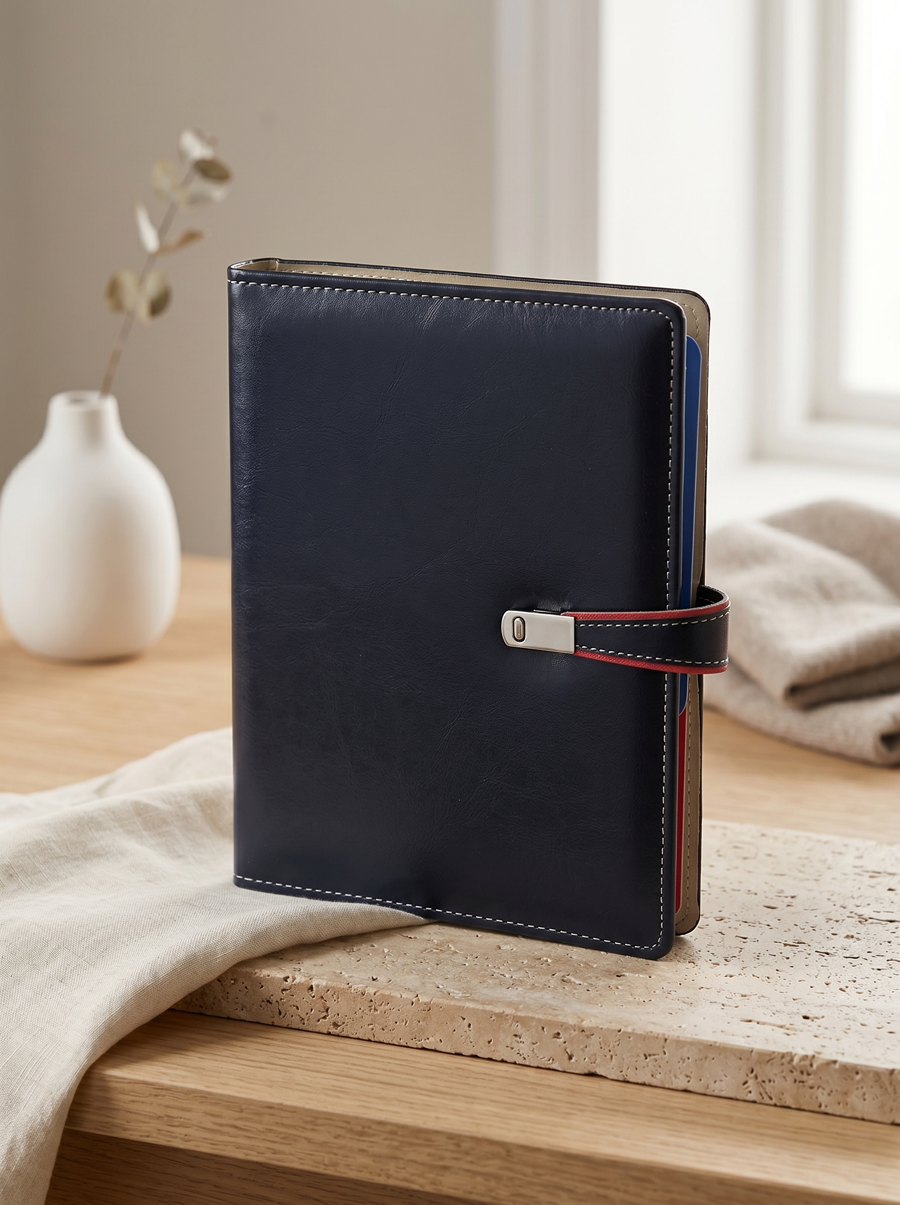 42654 Kırmızı Şerit Detaylı Metal Tokalı Siyah Deri Kurumsal Defter - Sensesevens