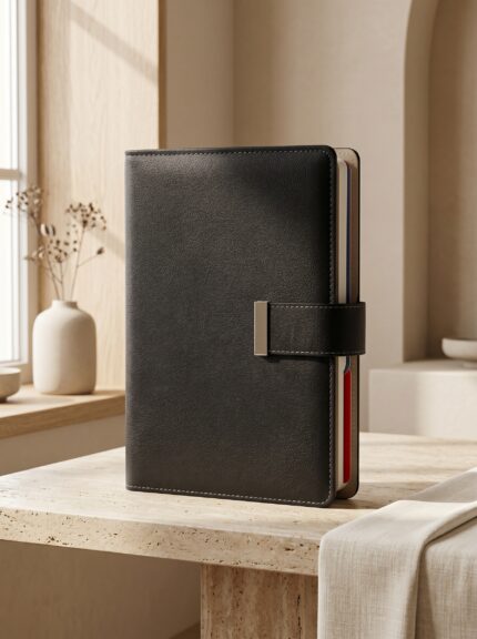 Şerit Tasarımlı Metal Tokalı Siyah Deri Kurumsal Defter - Sensesevens