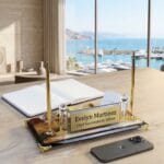 Premium Çift Gold Kalemli Lüks Ahşap Tabanlı Kristal İsimlik - Sensesevens
