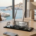 Premium Saatli Çift Gümüş Kalemli Siyah Kristal Masa İsimliği - Sensesevens