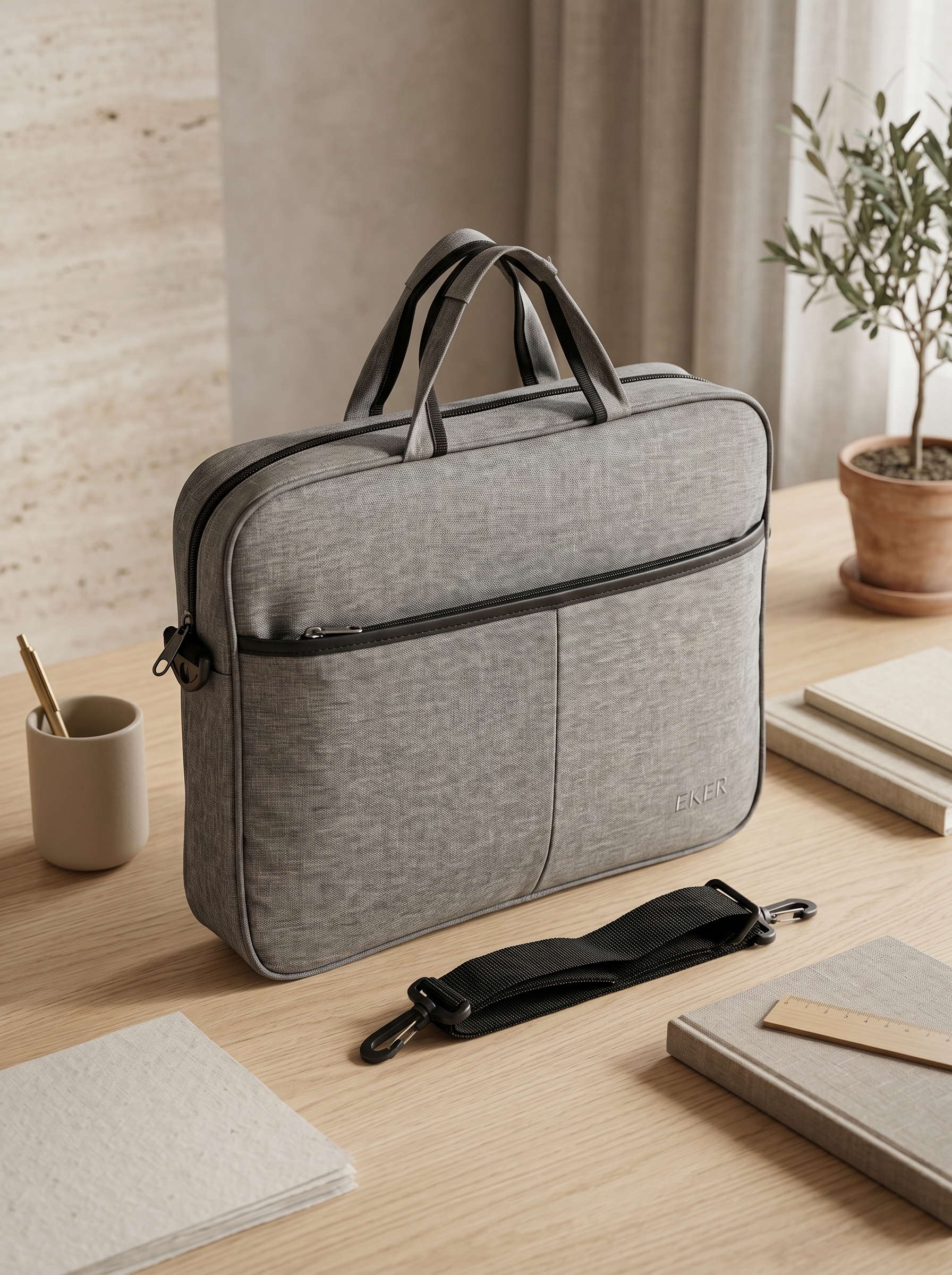 M-2153 Premium Gri Kurumsal Evrak Çantası ve Lüks Logolu Laptop Çantası - Sensesevens