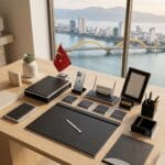 Premium Bayraklı Siyah Deri Sümen Takımı ve Lüks Yönetici Masaüstü Seti - Sensesevens