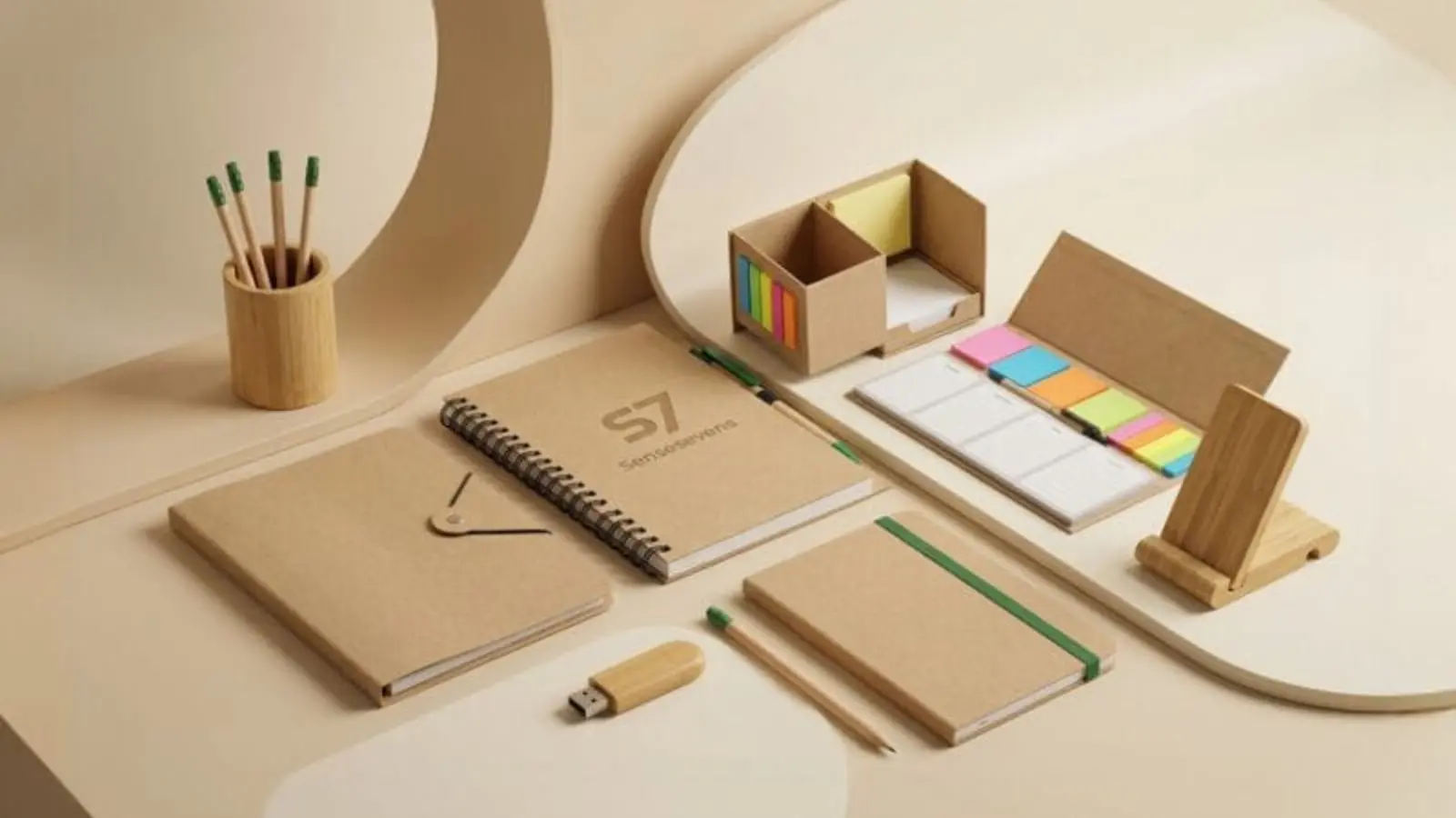 Kraft defter, notluk ve bambu aksesuarlardan oluşan doğa dostu promosyon ürünleriaksesuarlardan oluşan doğa dostu promosyon ürünleri